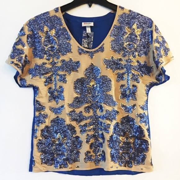 NWT Neiman Marcus x Target Blue & Tan Sequin Top - Picture 2 of 7